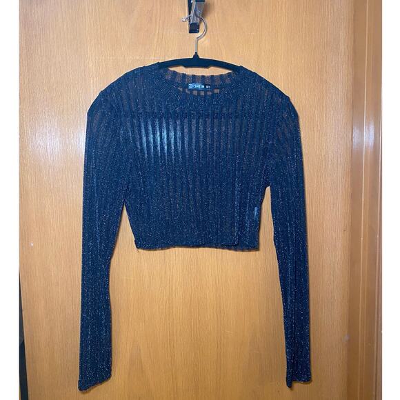 Sheer Sparkly Striped Cropped Top - Long Sleeve - Size S - Picture 2 of 11